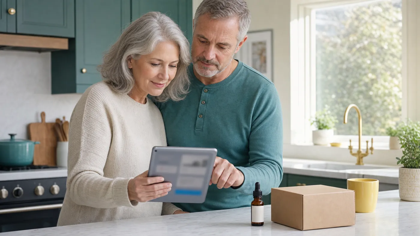 Mature couple reviewing a generic online checkout and delivery details together