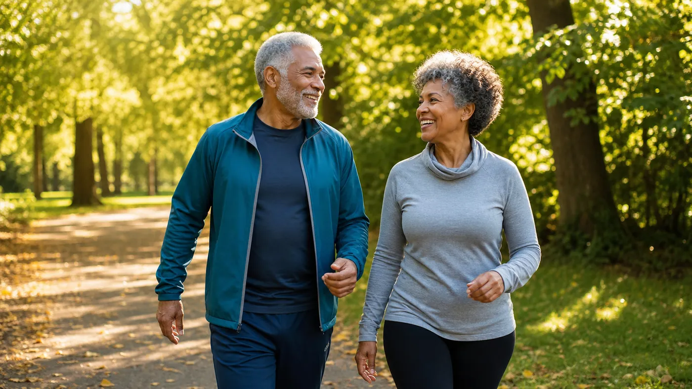 Mature couple enjoying a calm morning walk together in a green park
