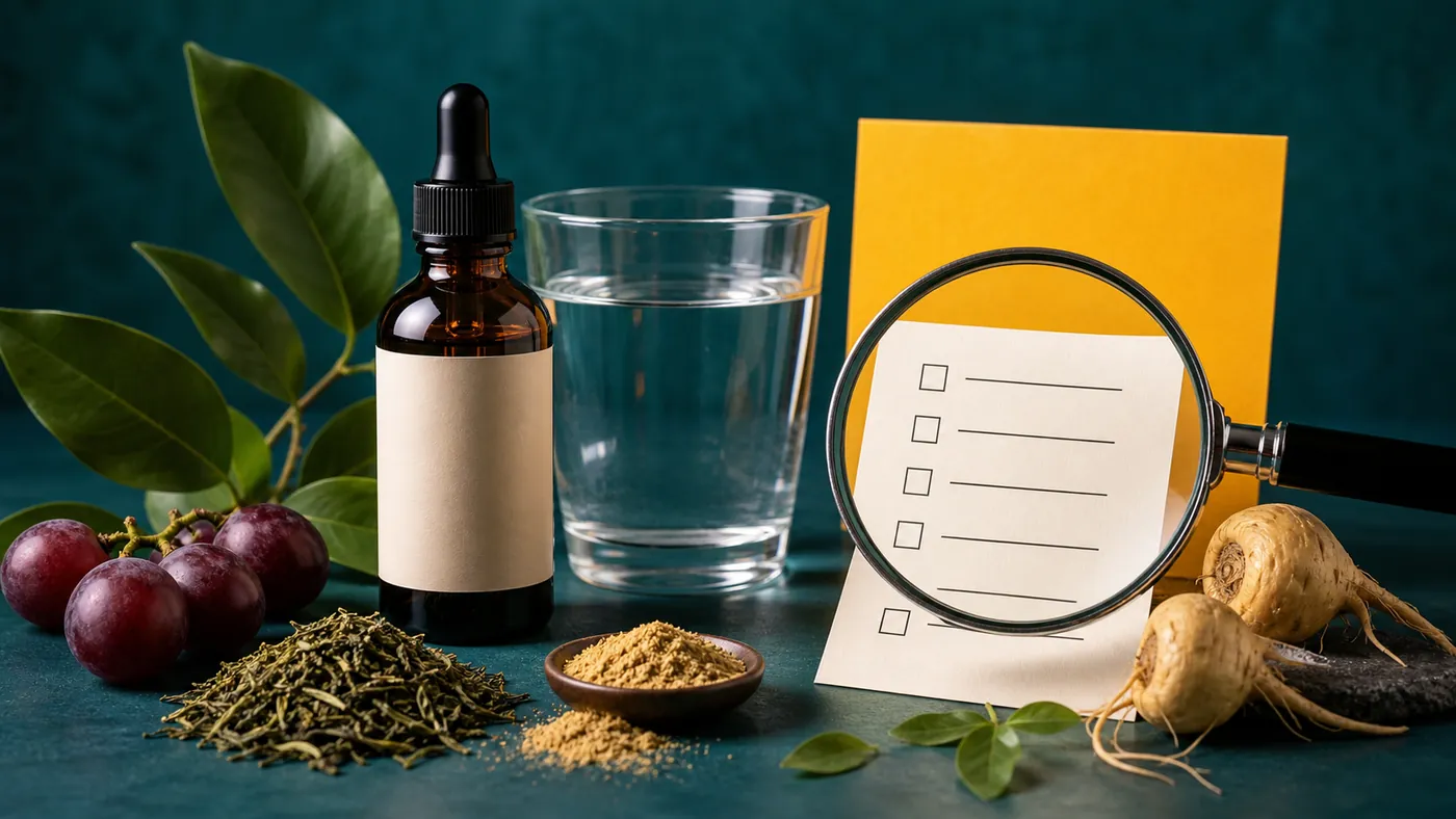 Unbranded dropper, water and botanicals arranged for an ingredient-label review